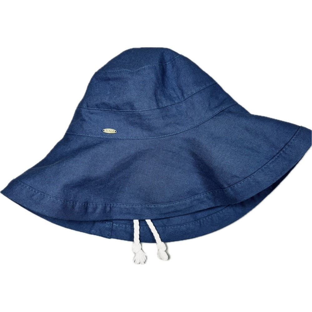 Scala Sun Hat Women One Size Blue Cotton Wide Brim Drawstring